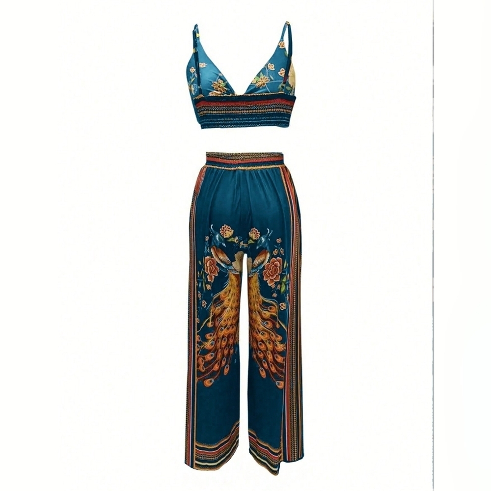 Women's Peacock Printed Twist Cami Crop Top And Pants Two-Piece Set - Picture 3 of 3